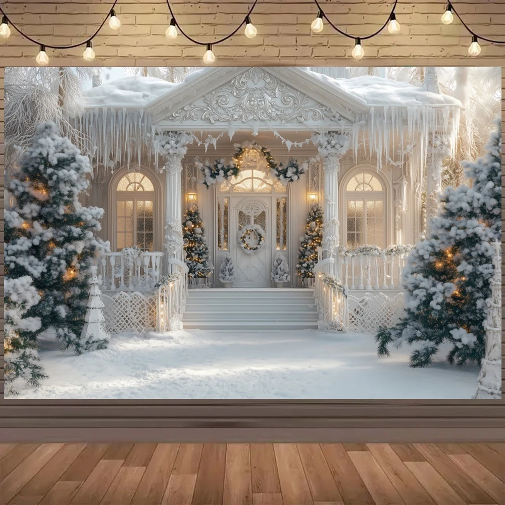 Merry Christmas Decor Photography Background Snowy Cottage Xmas Tree Holiday Party Kids Adult Portrait Photographic Backdrops