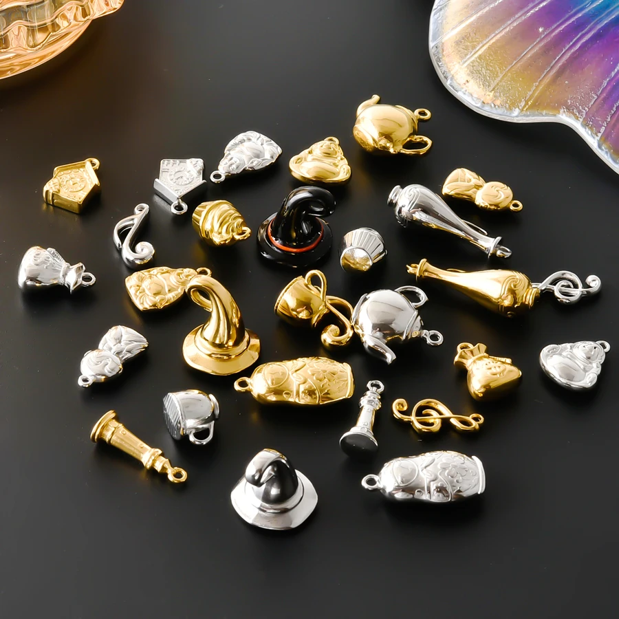 10Pcs Fashion Stainless Steel For jewelry Charms Money Bag Buddha Statue Wizard Hat Musical Note Smonk Pedant Necklace Making