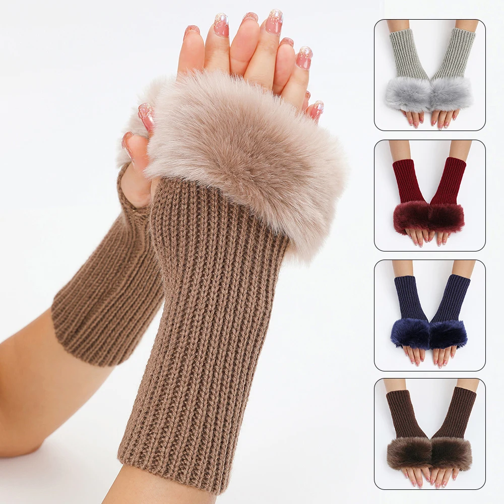 

Women Furry Warm Sleeves Gloves Armband Winter Lady Faux Rabbit Fur Fingerless Elastic Knitted Hemp Mittens Clothing Accessories