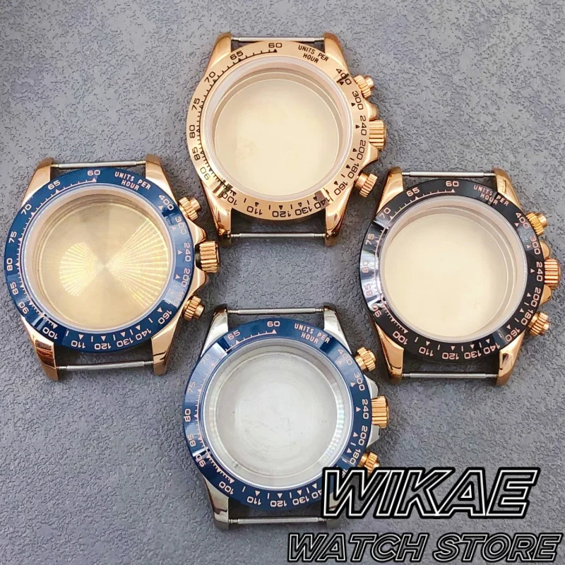 39mm VK63 Two tone Rose Watch Case Bladk Dark Blue Bezel Sapphire Glass Waterproof Fit VK63 Quartz Movement Watch Accessories