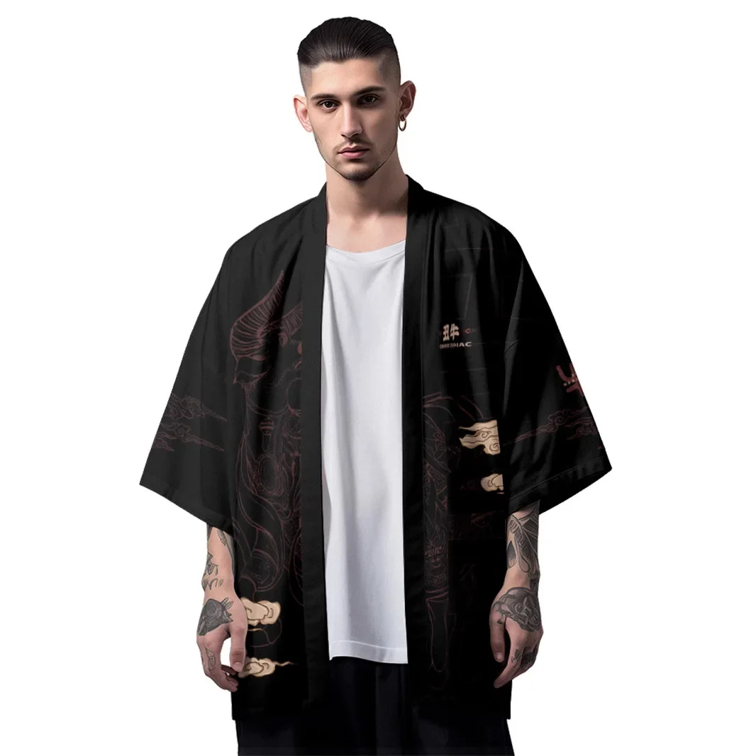 سترة كيمونو نسائية هاوري مطبوعة على شكل بقرة كرتونية ملابس شارع يابانية ملابس الساموراي للرجال يوكاتا هاراكوجو ملابس آسيوية #2