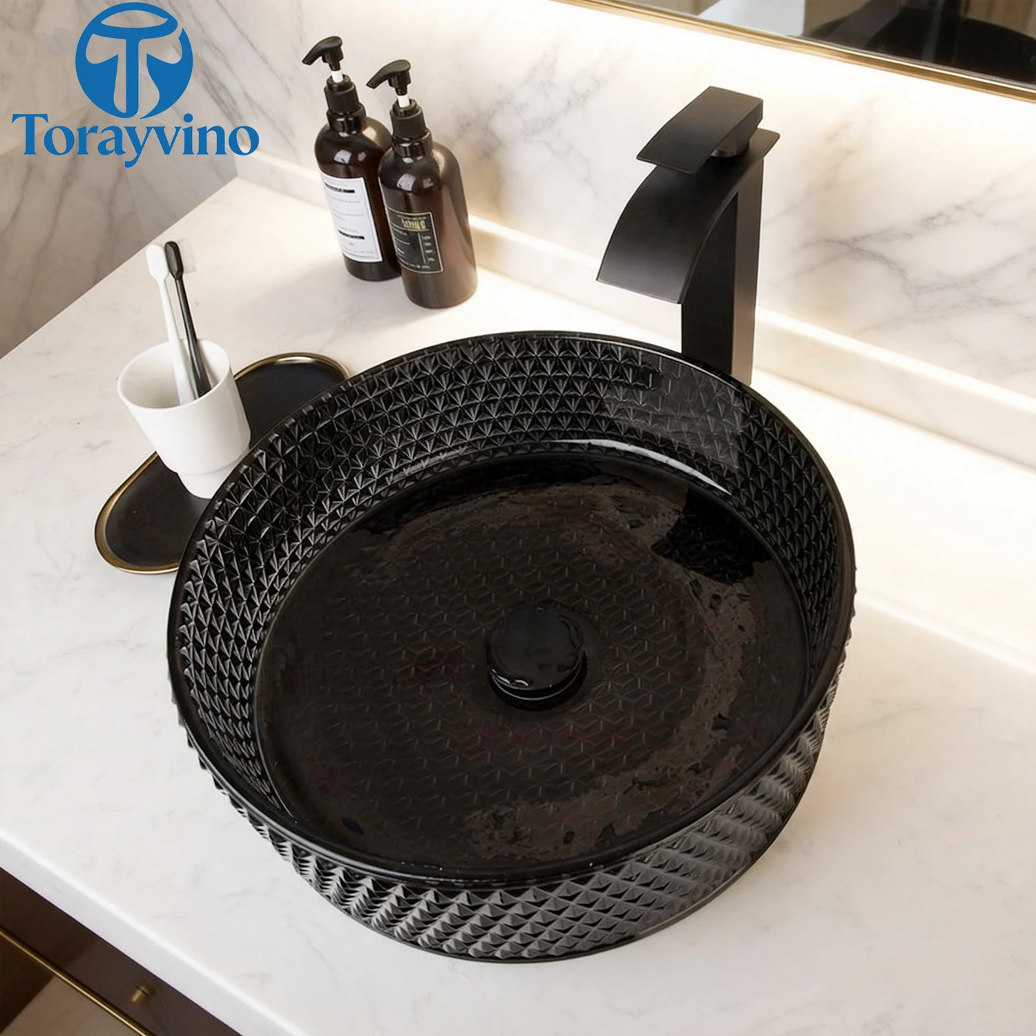 Torayvino Transparent Glass Bathroom Basin Set Diamond Shaped Texture Sink With Hot Cold Faucets And Pop-up Drainage Mixer Taps
