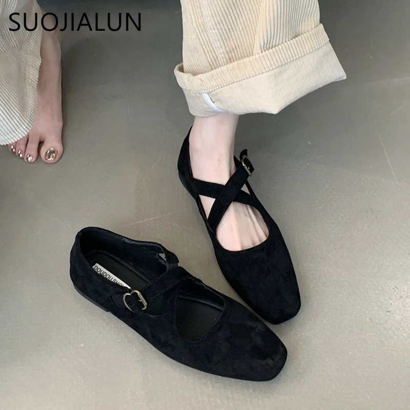 SUOJIALUN 2024 New Brand Women Flat Shoes Fashion Round Toe Ladies Elegant Red Mary Jane Shoes Soft Flat Heel Dress Ballerinas S