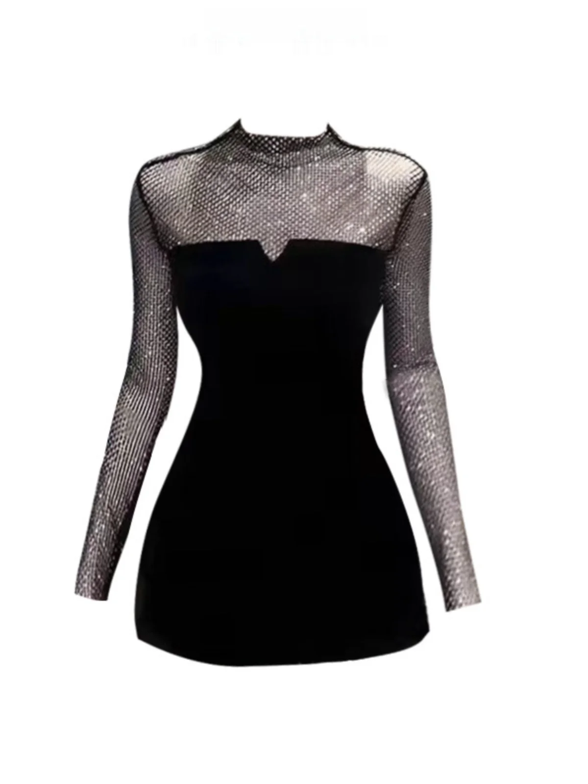 

Black Sexy Hepburn Style Hollow out Diamond Embedded Dress Women's Short Skirt Wrap around High Waist Glitter Fabric Casual Wear