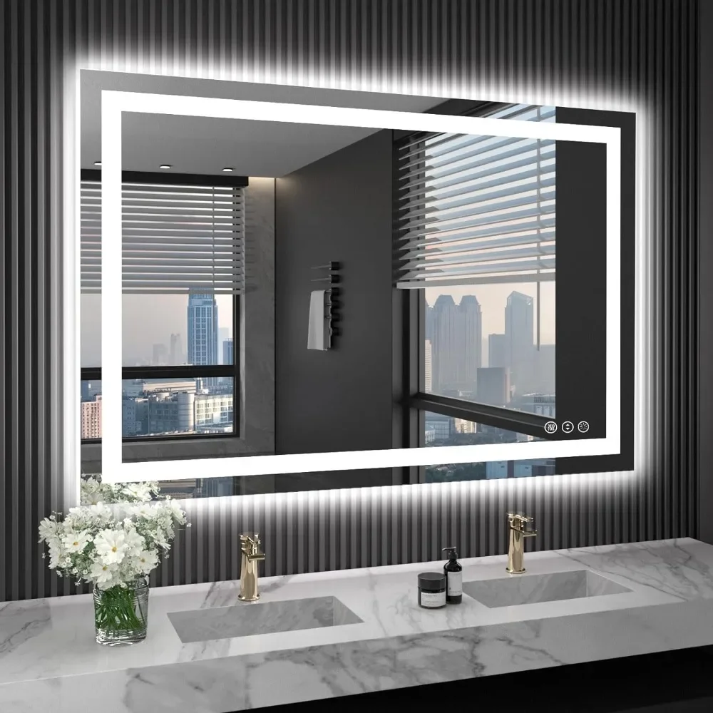 48X32 LED Bathroom Mirror with Lights, Anti-Fog, Dimmable, Backlit + Front Lit, Memory Function, Tempered Glass 