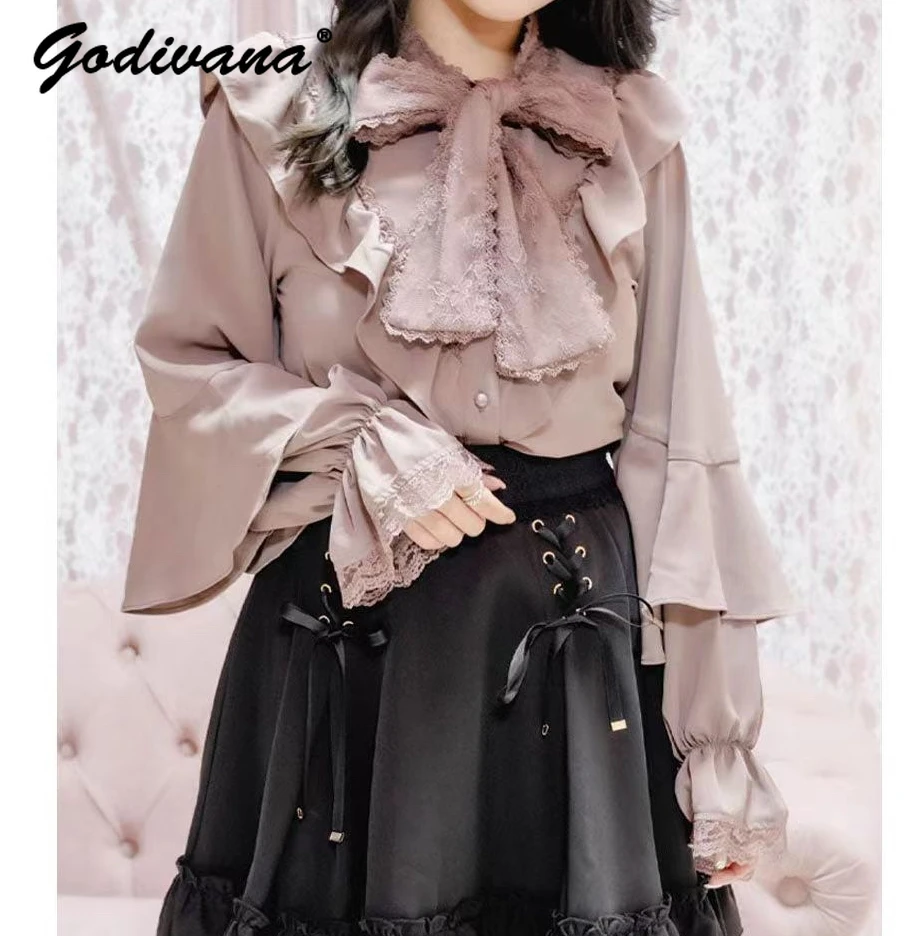 

Rojita Shirts New Japanese Mass-Produced Mine Long Flare Sleeve Blouse Lolita Sweet Tops Spring Autumn Ladies Ribbon Bow Shirt