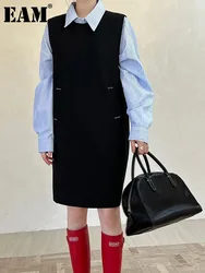 [EAM] Women Black Back Hollow Out Elegant Big Szie Dress New Round Neck Sleeveless Fashion Tide Spring Autumn 2024 1DH6806