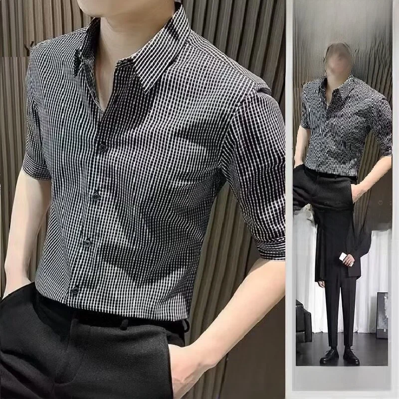 Men's Plaid Shirt Ice Silk Seven-Quarter Short Sleeve Slim Fit Business Casual Shirt Polyester Fiber No Ironing Required