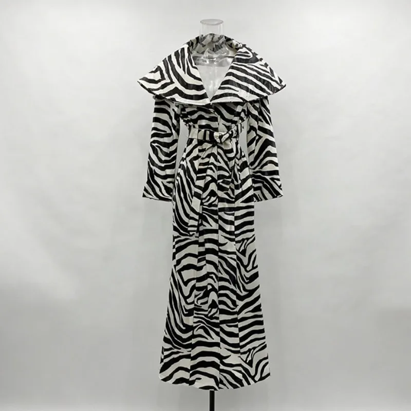 ZAMOR HIGH END Elegant Lady Style Trench Coat 2026 Autumn New Niche Design Long Sleeve High Waist Lapel Zebra Print Long Outerwe
