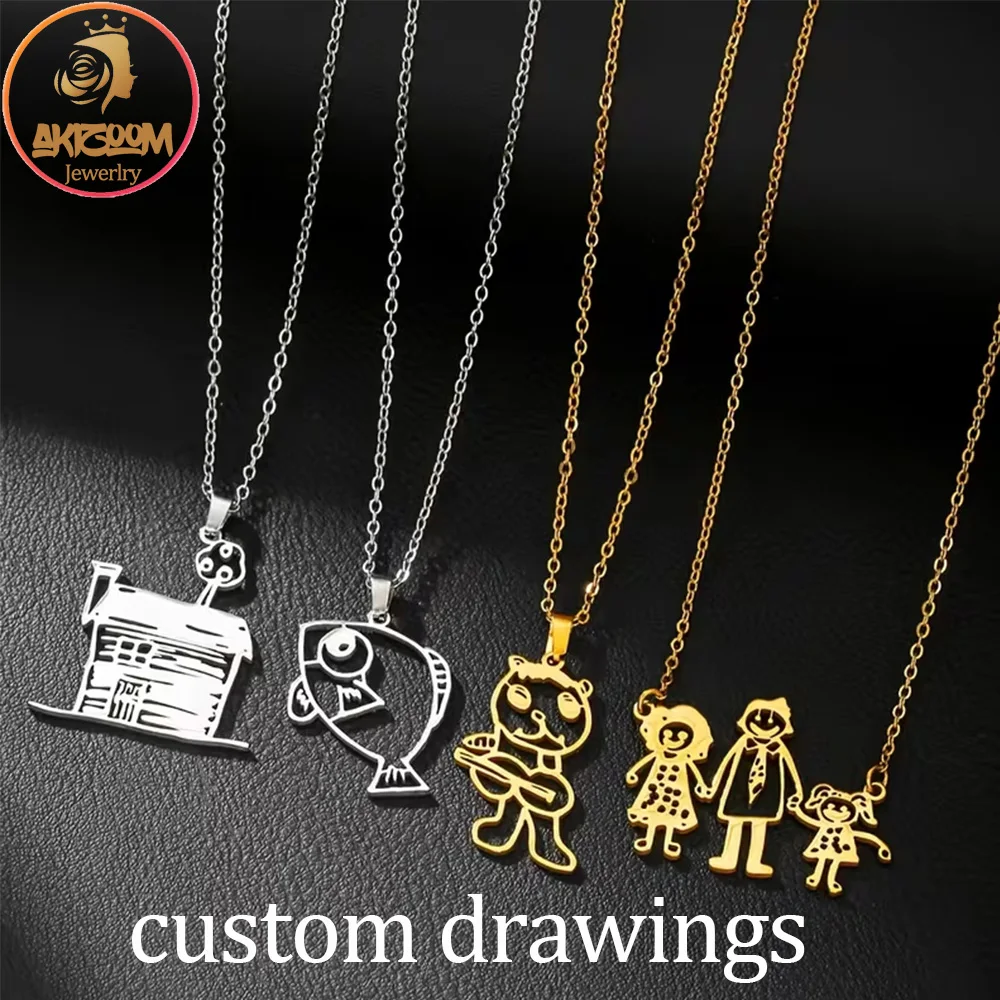 Akizoom Custom Kid’s Drawings Pendant Necklace Personalized Children Drawings Art Chain for Women Stainless Steel Jewelry Gift
