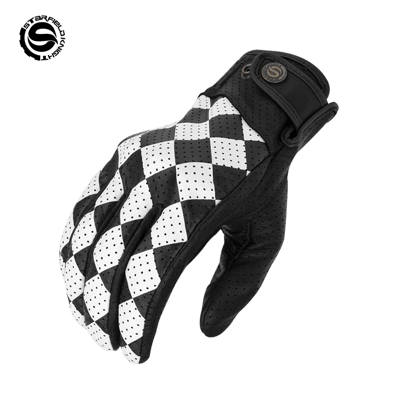 

Star Field Knight Black-white Motorcycle Gloves Riding Equipment Summer Breathable Real Goat Leather Non-slip Wear-resistant