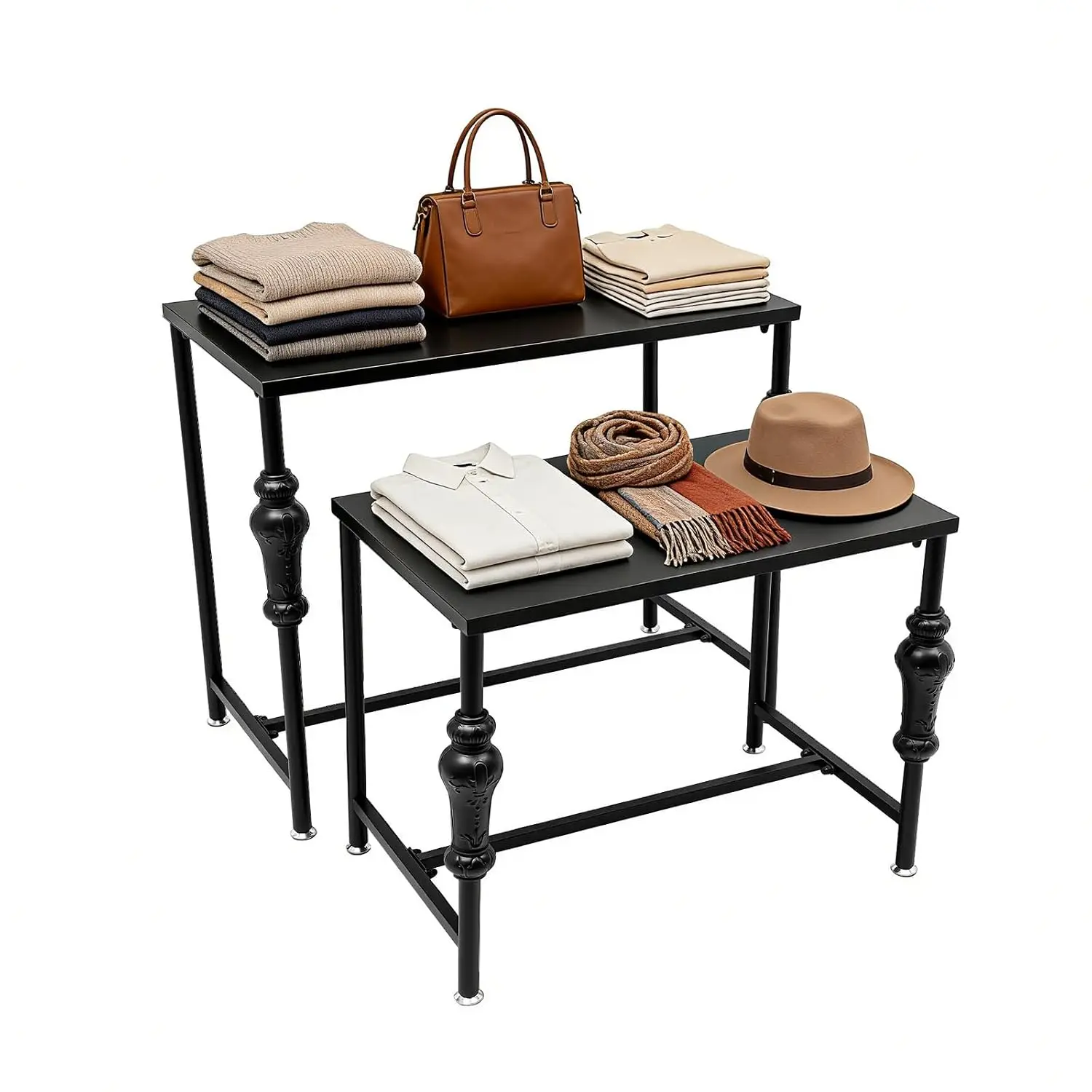 Metal Display Table Set of 2, Clothing Shoe Handbag Riser Stand, Multi-Level Shelf for Boutique, Black, Customized