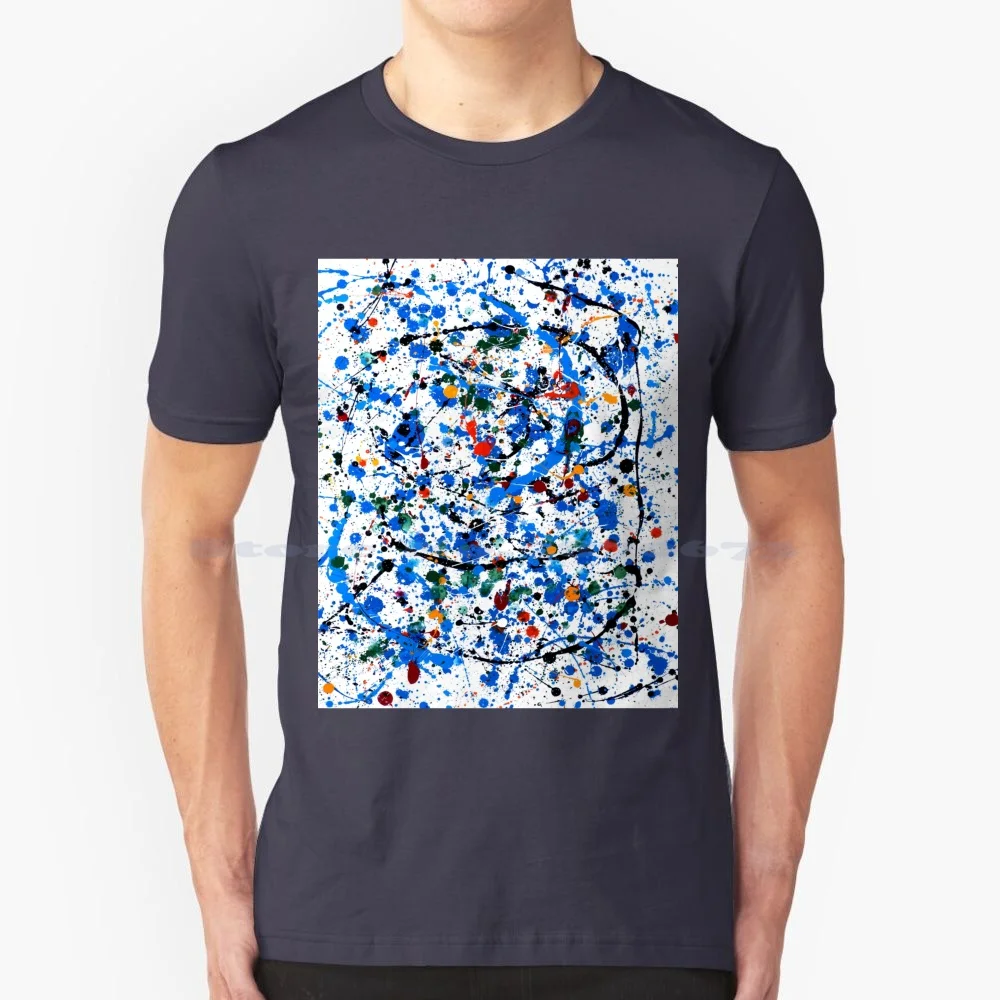 Frenzy In Blue T Shirt 100% Cotton Tee Acrylic Painting Abstract Painting Jackson Pollock Style Blue Orange Yellow Ron Trickett