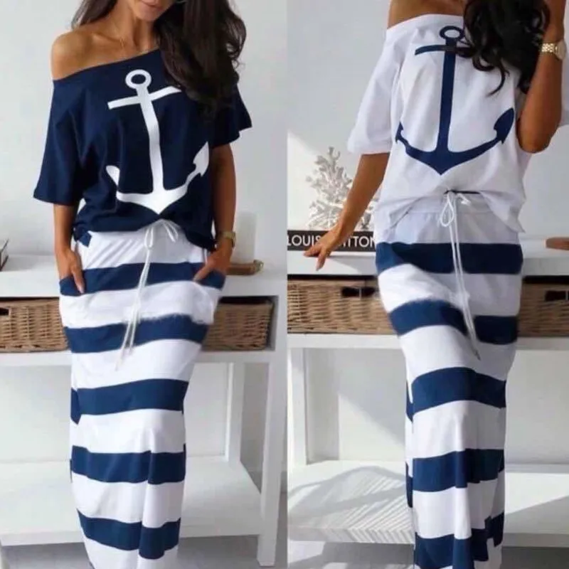 

Boat Anchor Print Top T-Shirt & Striped Maxi Skirt Women Two Piece Outfits Fashion Off Shoulder Two Pieces Sets Tops and Skirts