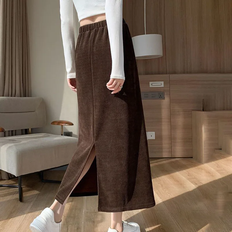 Hdspq High Quality Corduroy A-Line Skirt Women Autumn Winter Thick Warm Long Skirt Femme Solid Casual High Waist Skirts Ladies