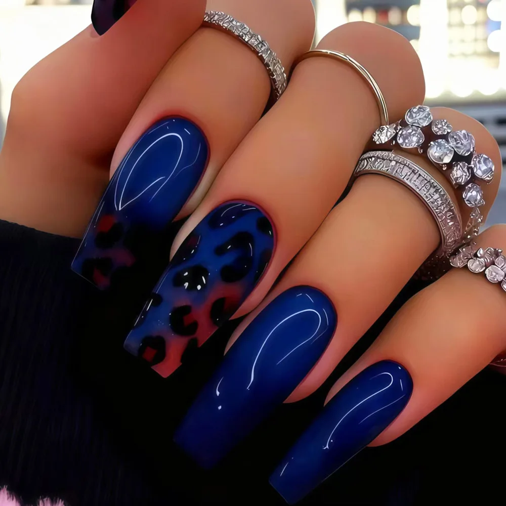 Medium fake nails tips for women girls gradient purple blue green red black leopard printing Square almond tips press on nails