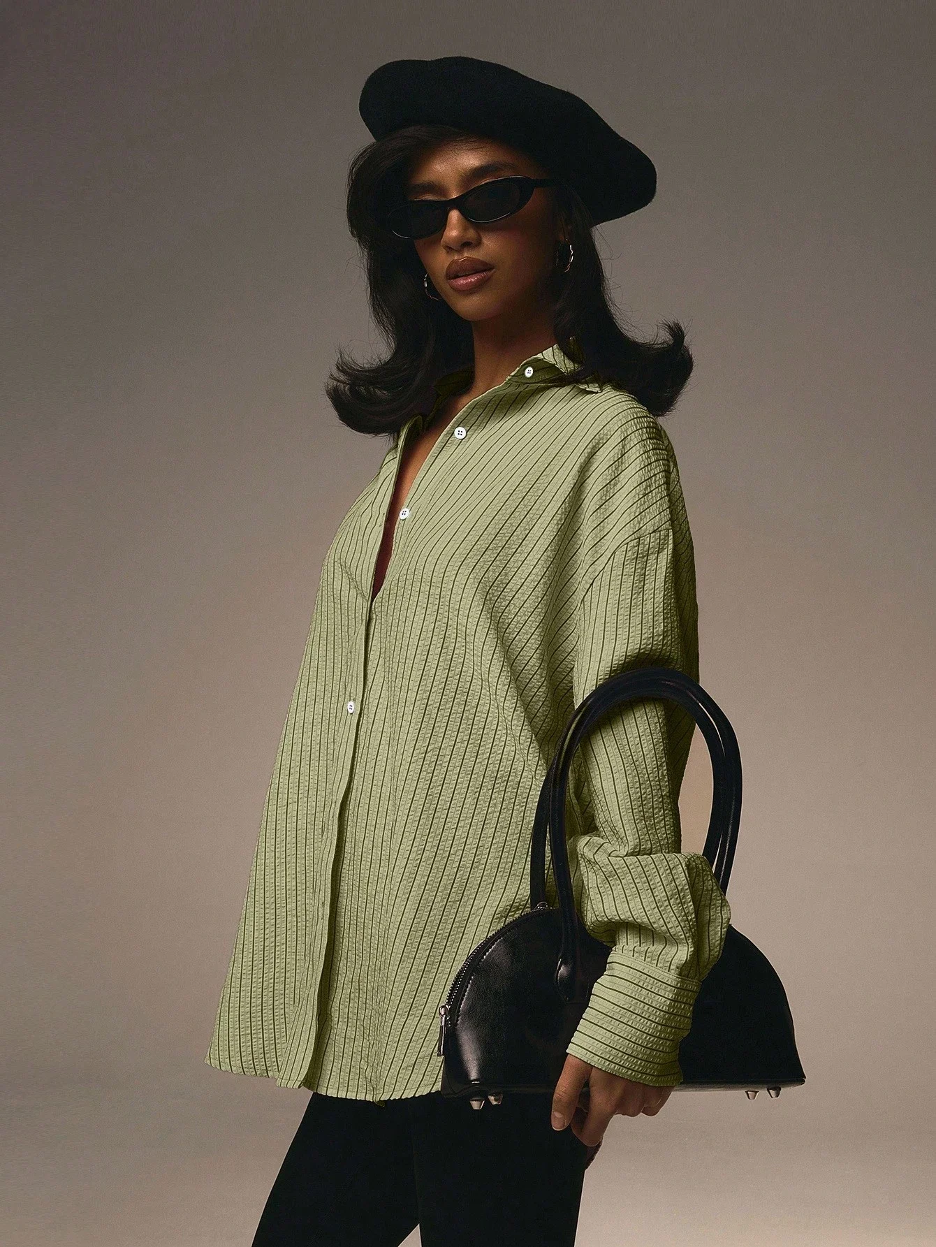 

Women's Front Button Collar Long Sleeve Green Striped Minimalist Blouse