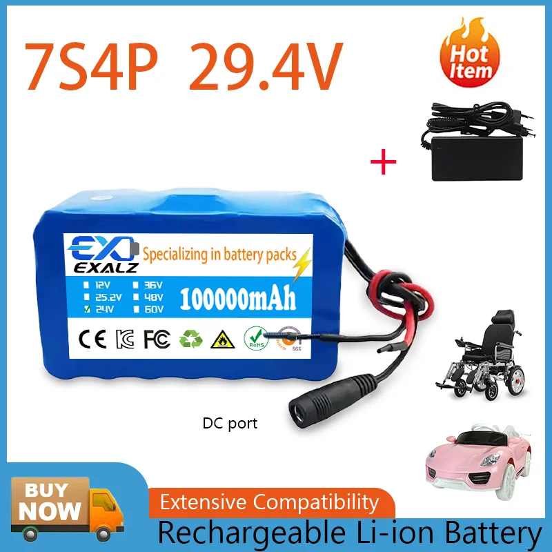 7S4P 24V wheelchair lithium battery with BMS Rechargeable 29.4V Charger for Electric Tools Electric wheelchair toy car
