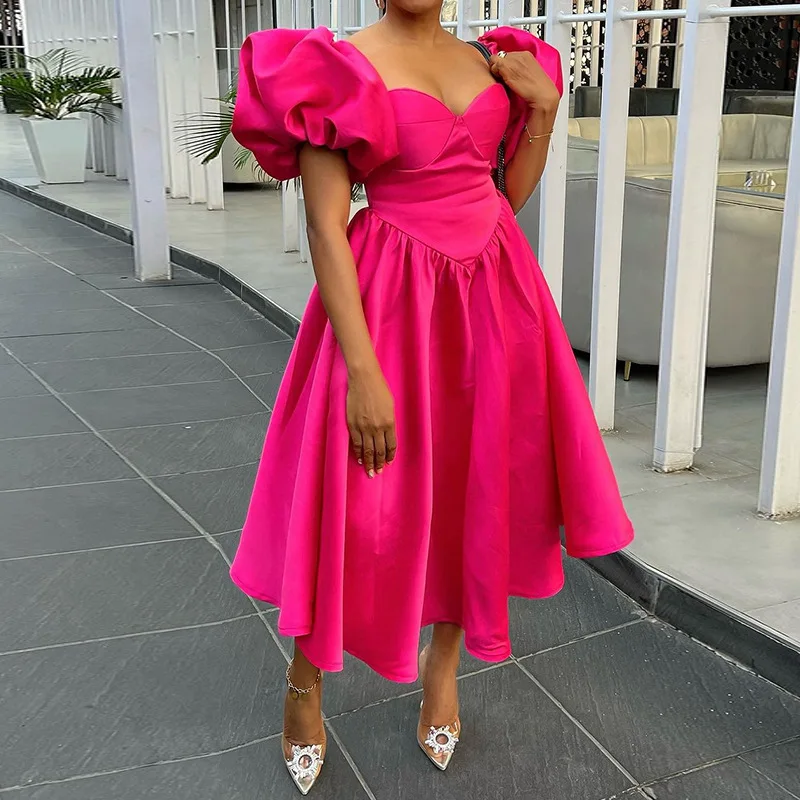 2026 Sommer Mode Quadratischer Ausschnitt Maxikleid Damen Schick Weiblich Puffärmel Einfarbig Tailliert Mittellanges und Langes Kleid Y2K