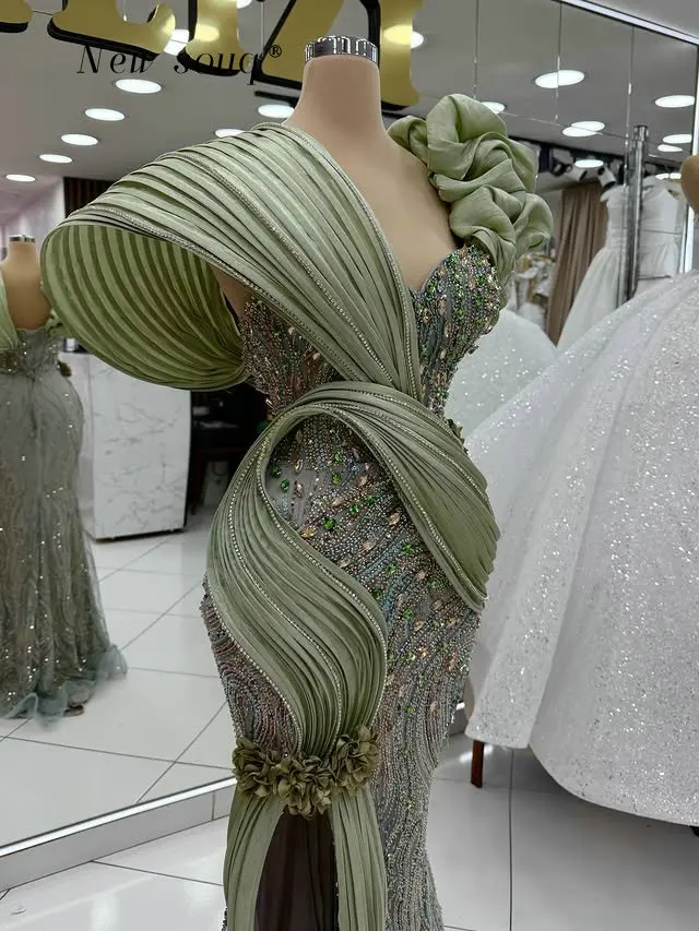 

High Fashion Sage Green Mermaid Evening Dresses Arabic 3D Pleated Crystals Beaded Long Party Gowns with Side Split Customized