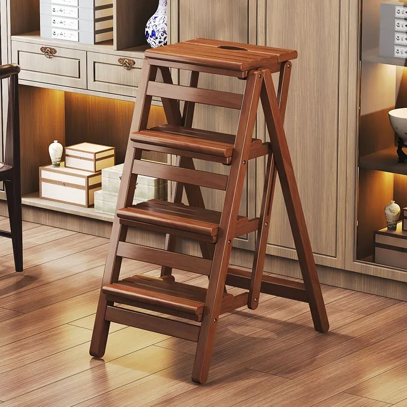 Multi-functional Bamboo Wood Folding Ladder Chair Kitchen Hat Rack 2 Step Ladder Province Space Stair Chair Plant Rack Furniture 