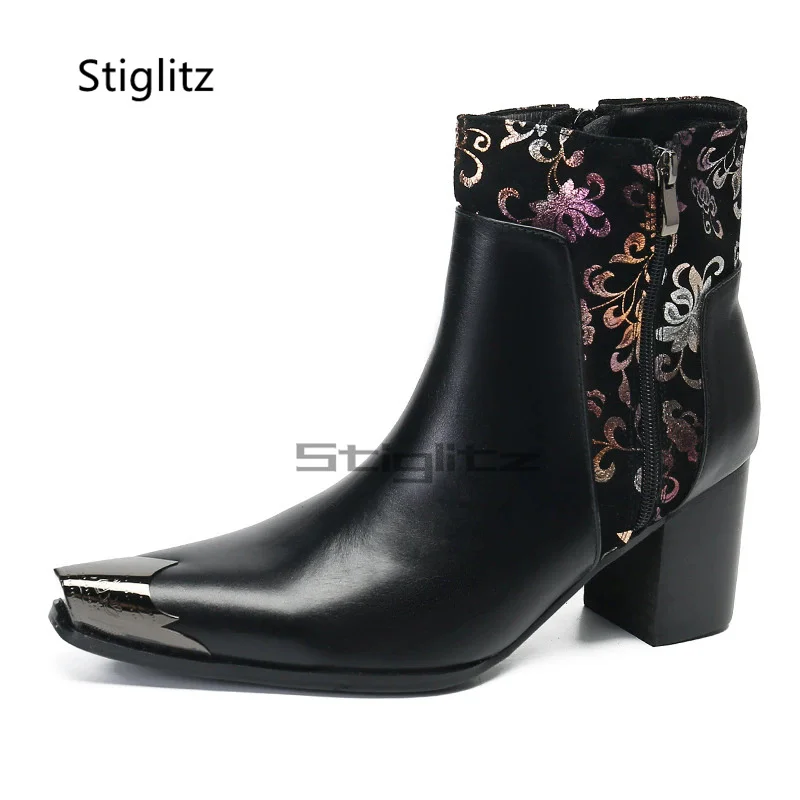 Men's Prints High Heels Ankle Boots Metal Pointed Toe Genuine Leather High Top Chelsea Boots Handmade Business Dress Male Shoes