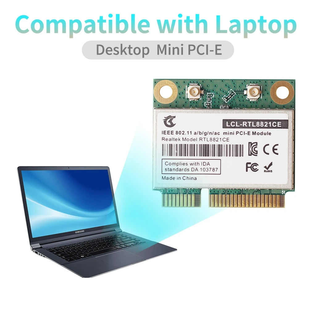 Dual Band Mini PCIe Wi-Fi Card, Suporte Portátil, PC, Bluetooth 4.2, 433Mbps, 2.4GHz, 5Ghz, RTL8821CE, 802.11AC