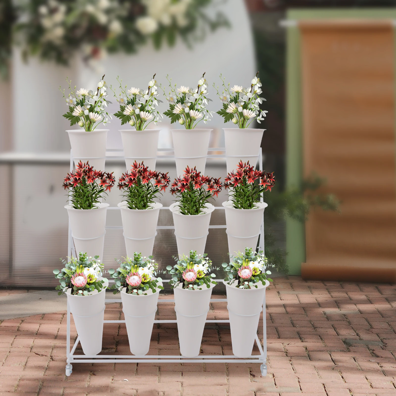 3 Layers Flower Display Stand Movable Modern Metal Plant Shelf with 12 Flower Buckets&Wheels Indoor Outdoor Flower Display Rack