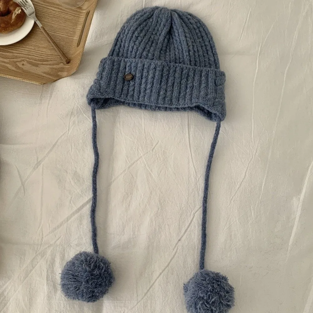 

Kawaii Winter Y2k Knitted Cap Windproof Soft Warm Pom-pom Knit Cap Thick Casual Beanie Hats Female