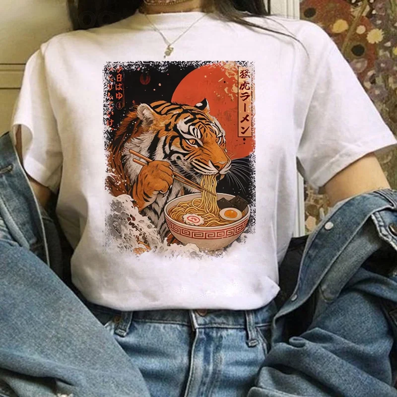 

Забавный тигровый узор с принтом в японском стиле, новая повседневная универсальная женская футболка в стиле Харадзюку с круглым вырезом, милый топ, обычная популярная футболка