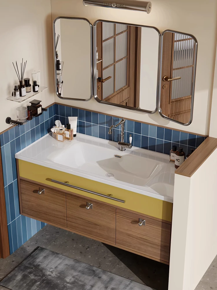 

Medieval ceramic integrated basin hanging solid wood multi-layer paint-free bathroom cabinet washstand