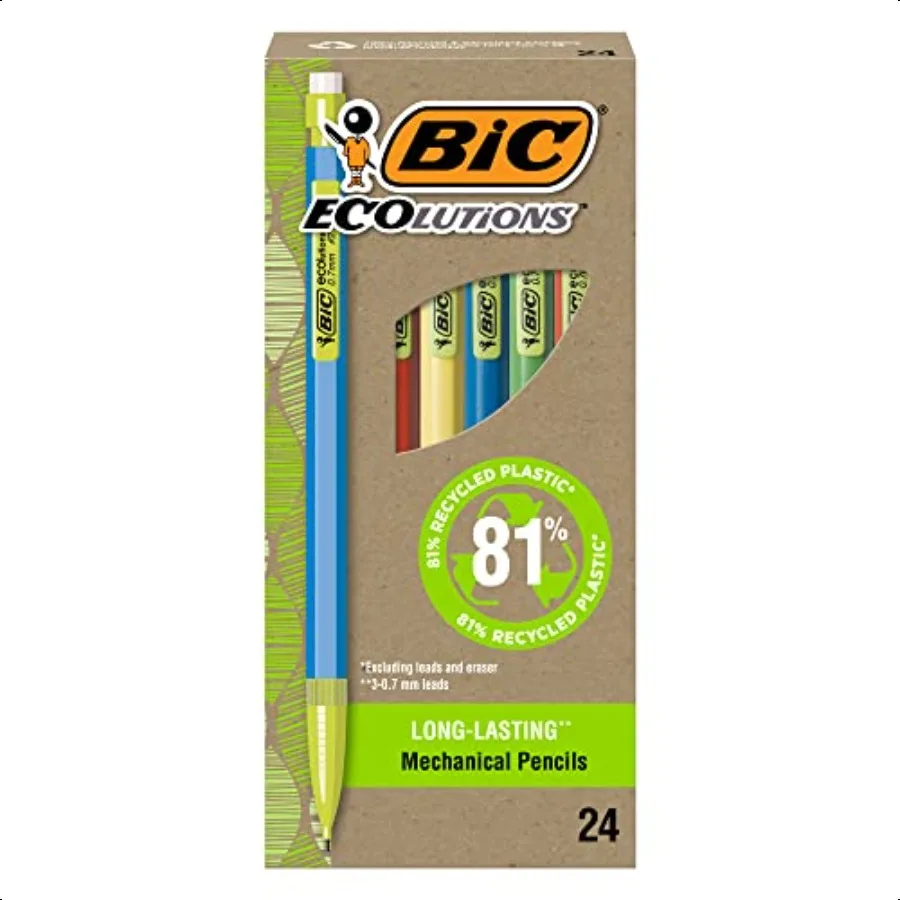 Ecolutions Crayons mécaniques avec gommes avec baril coloré pointe moyenne 0,7 mm paquet de 24 crayons mécaniques fabriqués à partir de 81