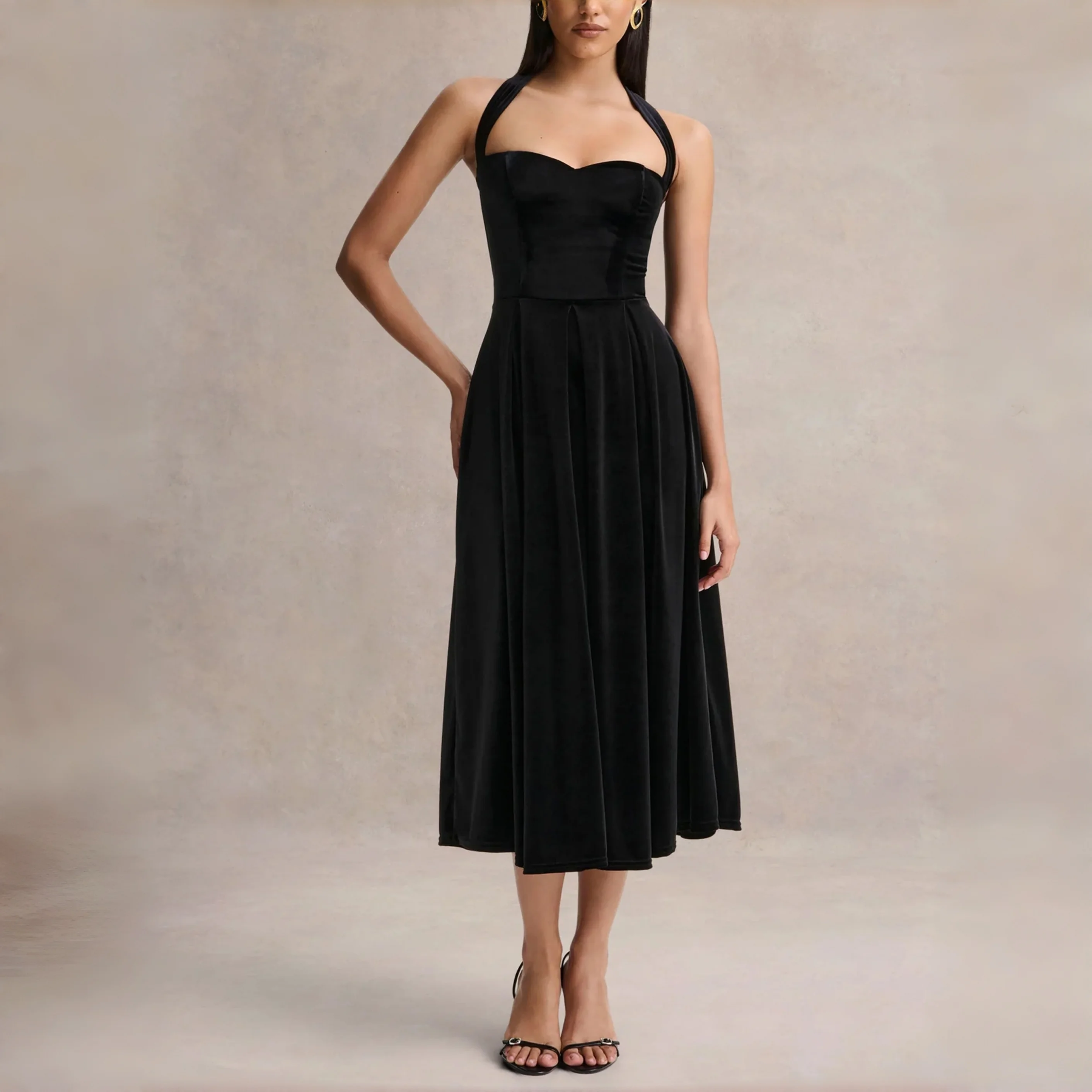 Black Velvet Halter Neck Midi Dress with Sweetheart Neckline and Bow Tie Back Cocktail Party Bridesmaid Prom Wedding Guest Gown