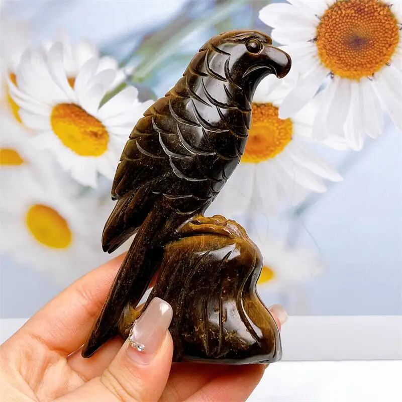 Natural Yellow Tiger Eye Stone Parrot Carving Crystal Carved Hands Healing Gemstone Sculpture Energy Decoration Gift 1PCS