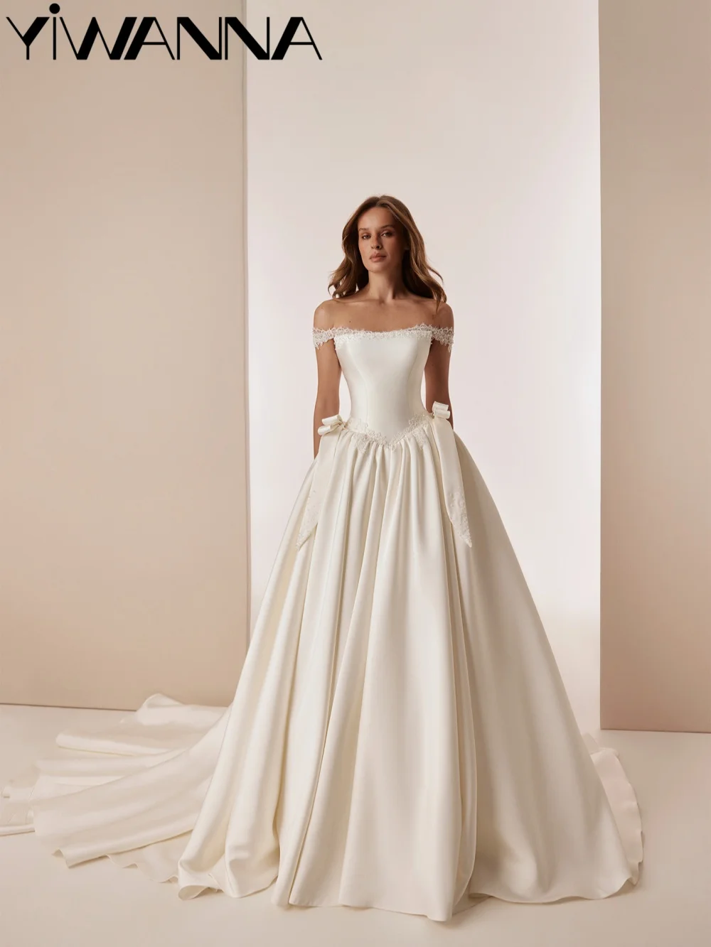 

New Ivory Beaded Lace Wedding Dress Elegant Bow Satin A-line Long Bridal Gown New Customized Off Shoulder Dresses For Bride
