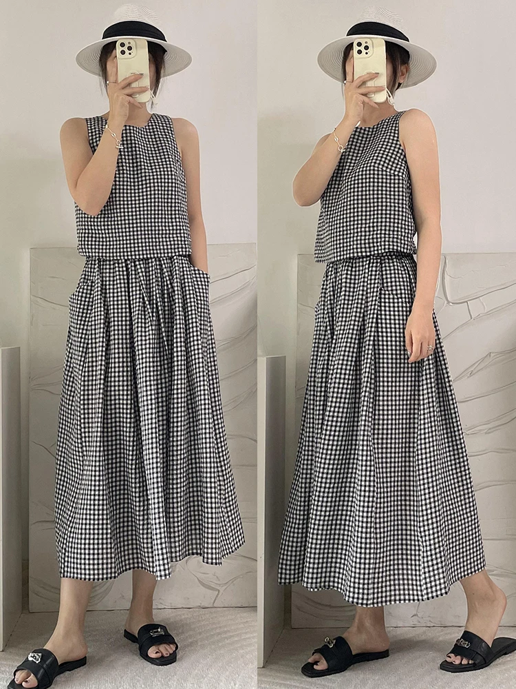 

Retro Romantic Bubble Texture Bla White Plaid Vest Skirt Set Women's Faion Summer Outfit round Ne Two-Piece Set
