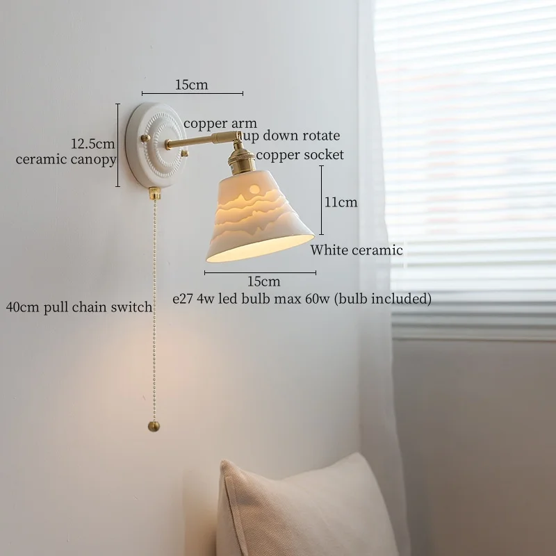 IWHD المشهد السيراميك وحدة إضاءة LED جداريّة مصباح النحاس سلسلة سحب التبديل درج غرفة المعيشة ديكور مرآة حمام ضوء اليابانية Wandlampen