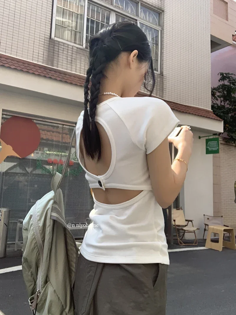 Summer T Shirt Women Short Sleeve Hollow Out Crop Tops Cotton Y2k Vintage Tops Korean Style Streetwear Tee Tops 2000s