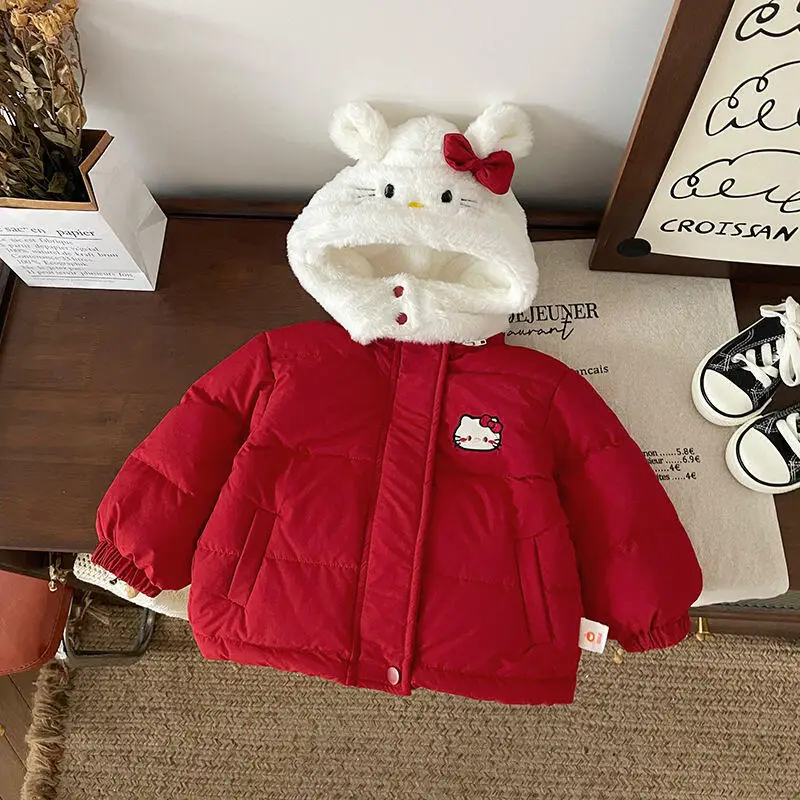 Hot Hello Kitty Kids Cartoon Katoenen Jas Sanrio Meisje Kawaii Leisure Outdoor Jas Met Capuchon Winddicht Dikker Winterkleding Nieuw