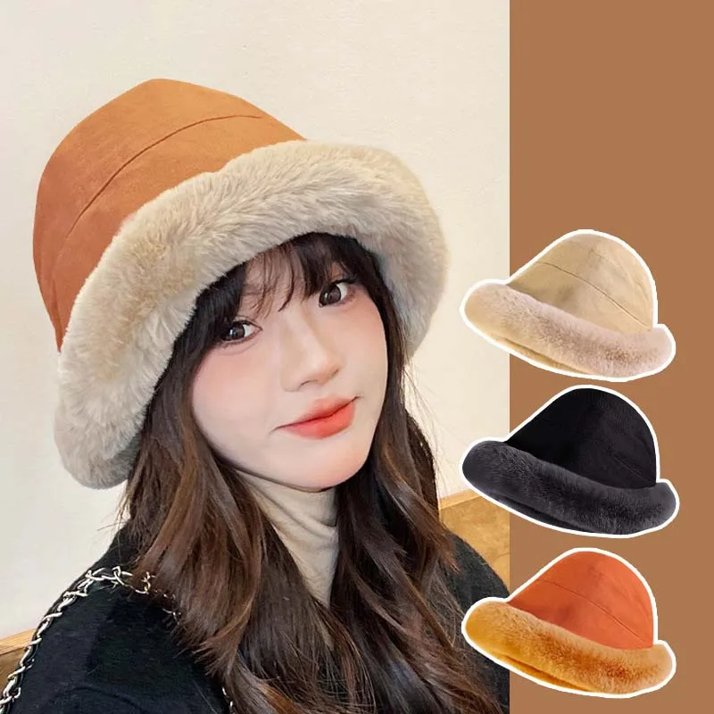 

Thickened Plush Warm Fisherman's Hat Woman Autumn And Winter Rolled Edge Mongolian Hat Cold Wind Protection Ear Protection Basin