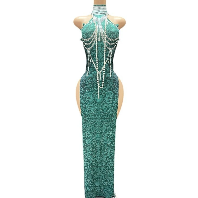 

Темно-зеленый, белый темперамент, улучшенная версия, Cheongsam, сексуальная вилка с высоким разрезом, вечернее платье для ежегодного собрания, концерта