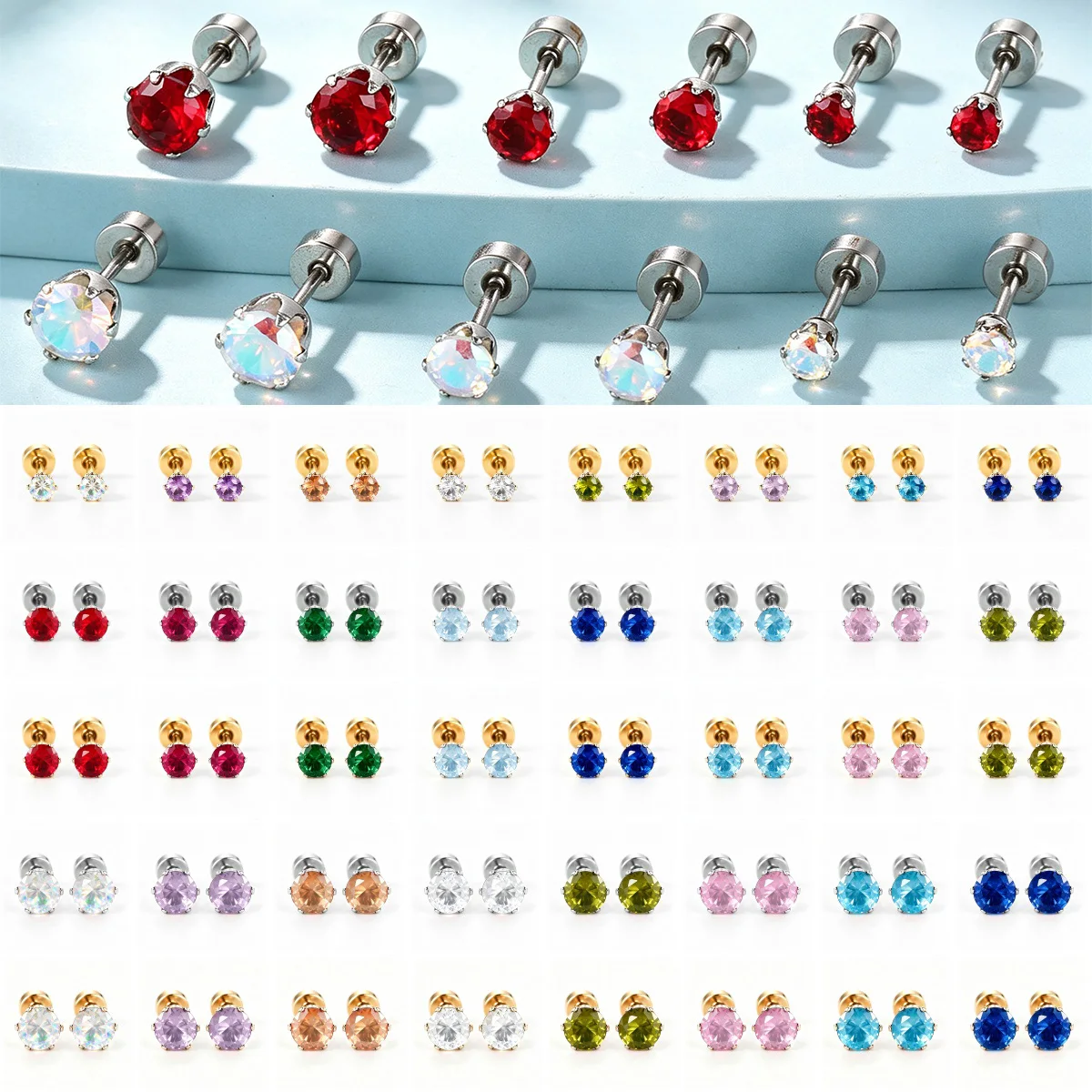 Fashion 3/4/5mm Christmas 12 Birthstone Colourful Zircon Stud Earrings for Women Screw Back Ear Men Gift Stainless Steel Jewelry
