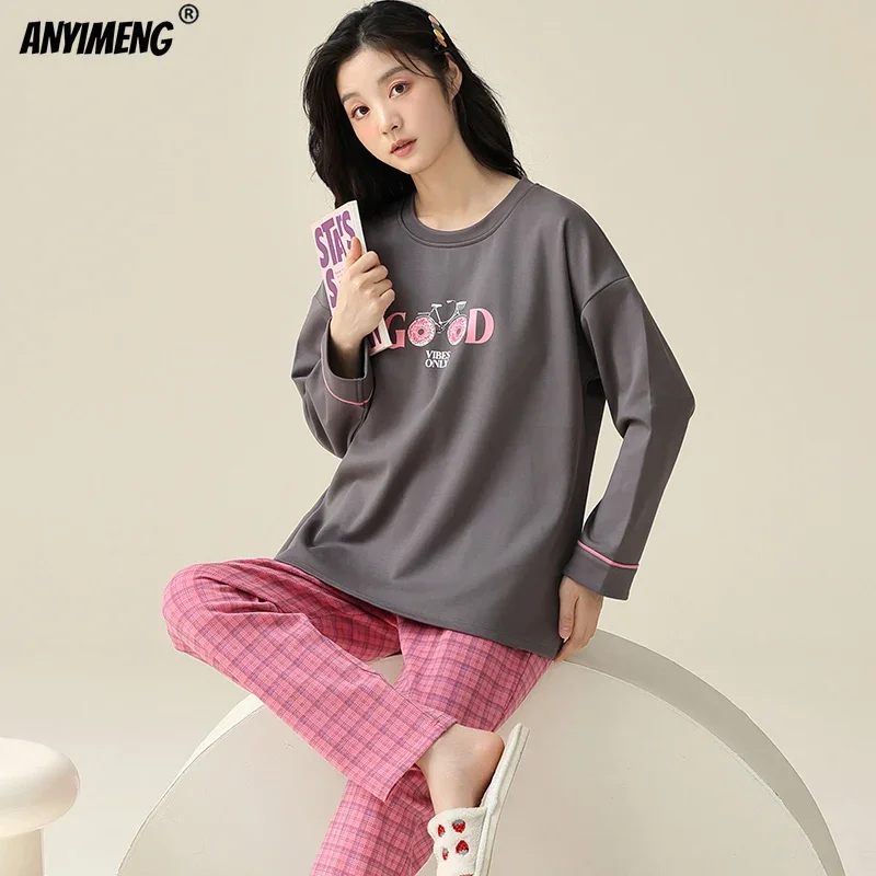 M-5XL Spring Autumn Long Sleeves Women Pajamas Comfy Cotton Pullover Sleepwear Korean Pijamas Girls Homewear Plus Size Nightwear