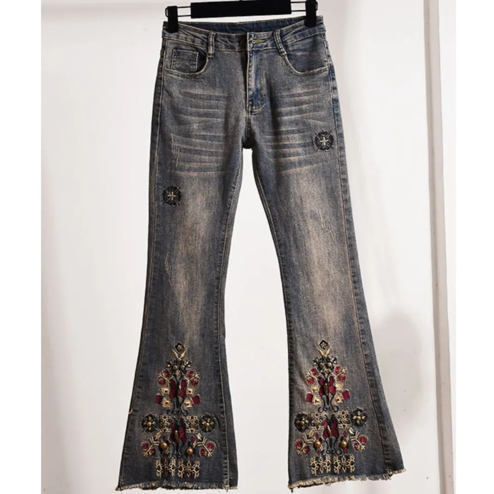 Spring and Autumn New Embroidered High Waist Slim Long Pants  Jeans for Women