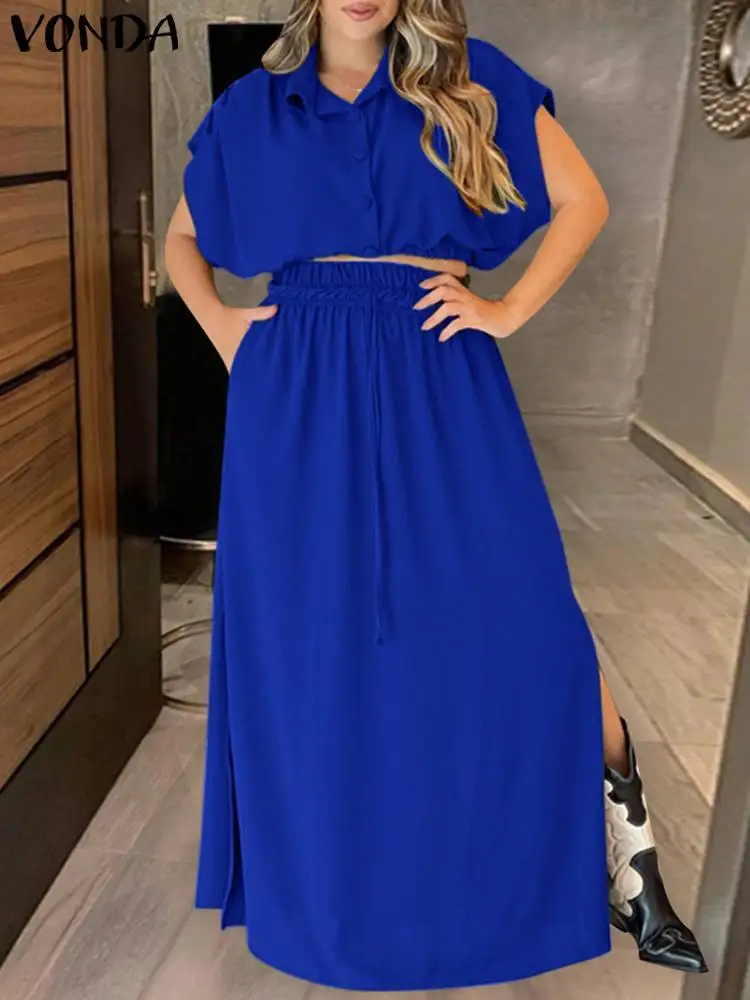 Plus Size 5XL VONDA 2024 Summer Maxi Dress Sets Women Casual Solid Short Sleeve Tops and Elastic Waist Long Skirt Button Sets