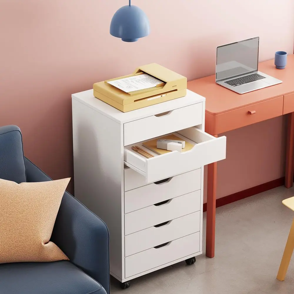 

7Drawer Office Cabinets, Wood Storage Drawer File Cabinet with Wheels, White