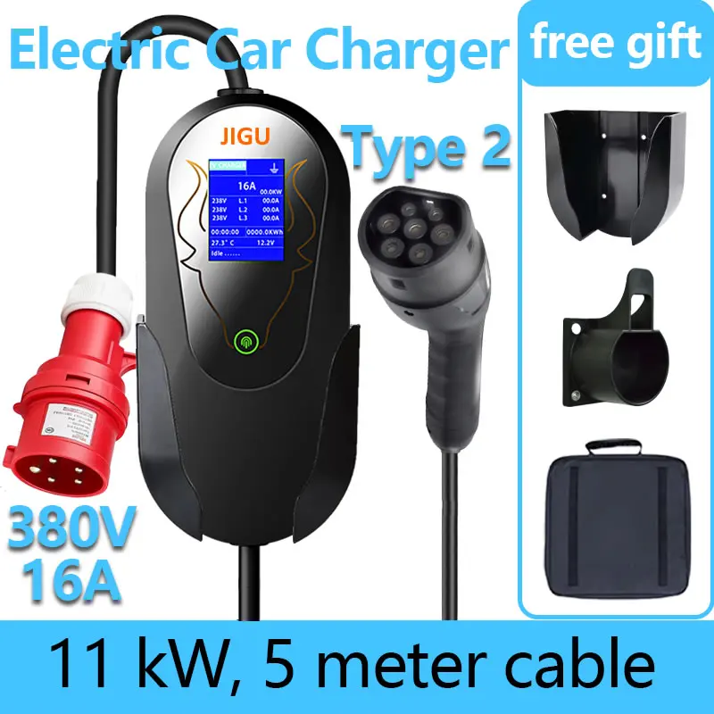 

JIGU Type 2 EV Charger 11KW 16A 3-Phase Portable Type2 Car Charger EVSE Charging Box with 380V CEE Plug for Electric Vehicle