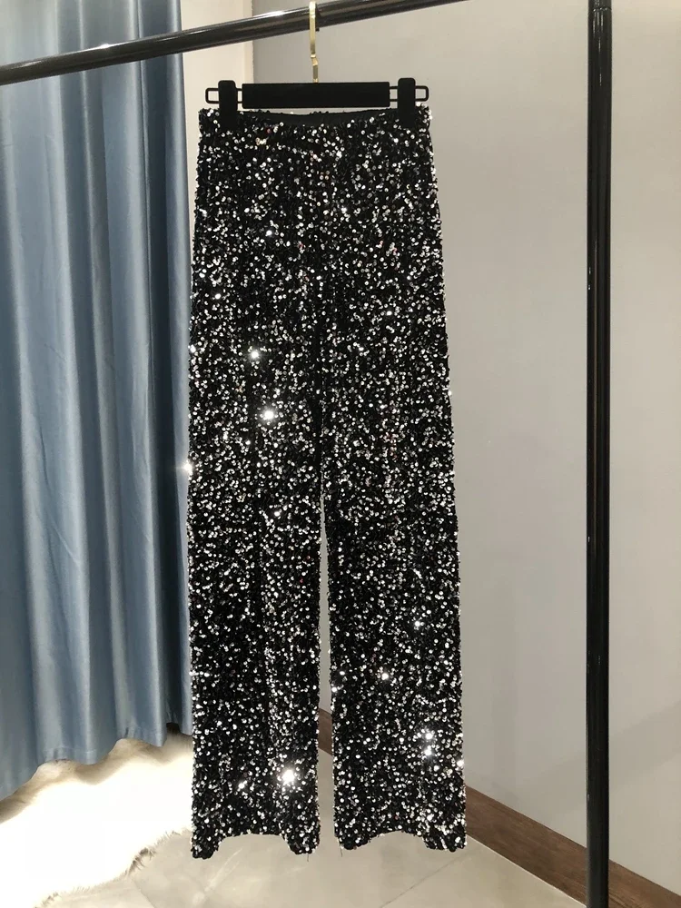 Autumn Winter New Korean Thick Velvet Sequined Wide Leg Pants Elastic Waist Drape Straight Pants Female Streetwear Long Trousers