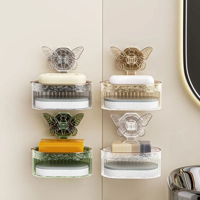 Suction Cup Soap Holder with Butterfly Design, Double Layer Soap Box with Sponge and Drainage, No Drilling Soap Storage Shelf