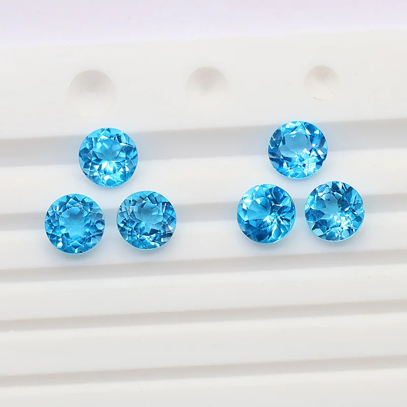 Natural Blue Topaz Swiss Blue Crystal Round Ring Face Bare Stone Jewelry Inlay DIY Manufacturer Direct Supply Production and Who